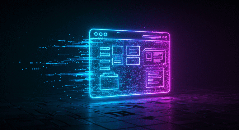 A glowing website wireframe being built with light, showing the speed benefits of effective image optimization.