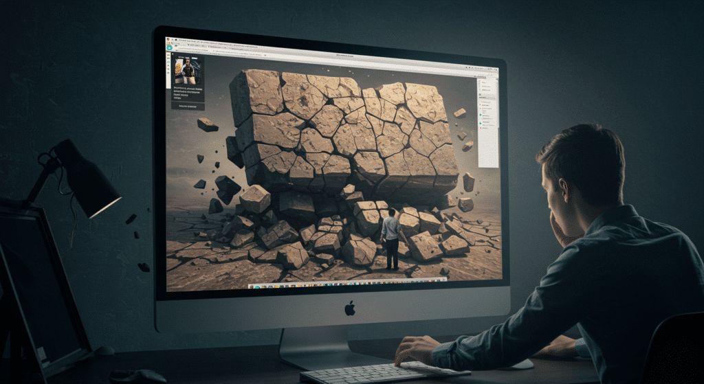 A user looking frustrated at a heavy website made of stone blocks, showing the negative result of poor image optimization.