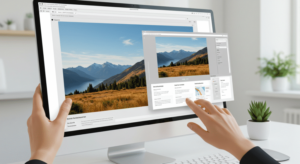 A person resizing a large photo on a screen, a key step in image optimization for faster websites.