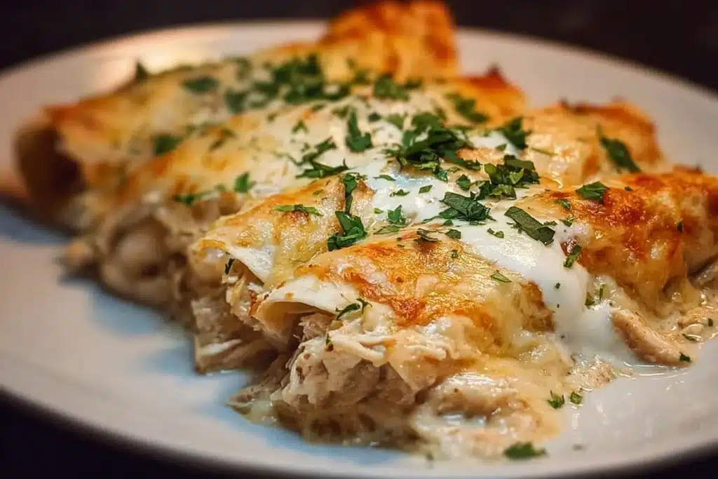 Delicious chicken enchiladas topped with a creamy white sauce and packed with protein