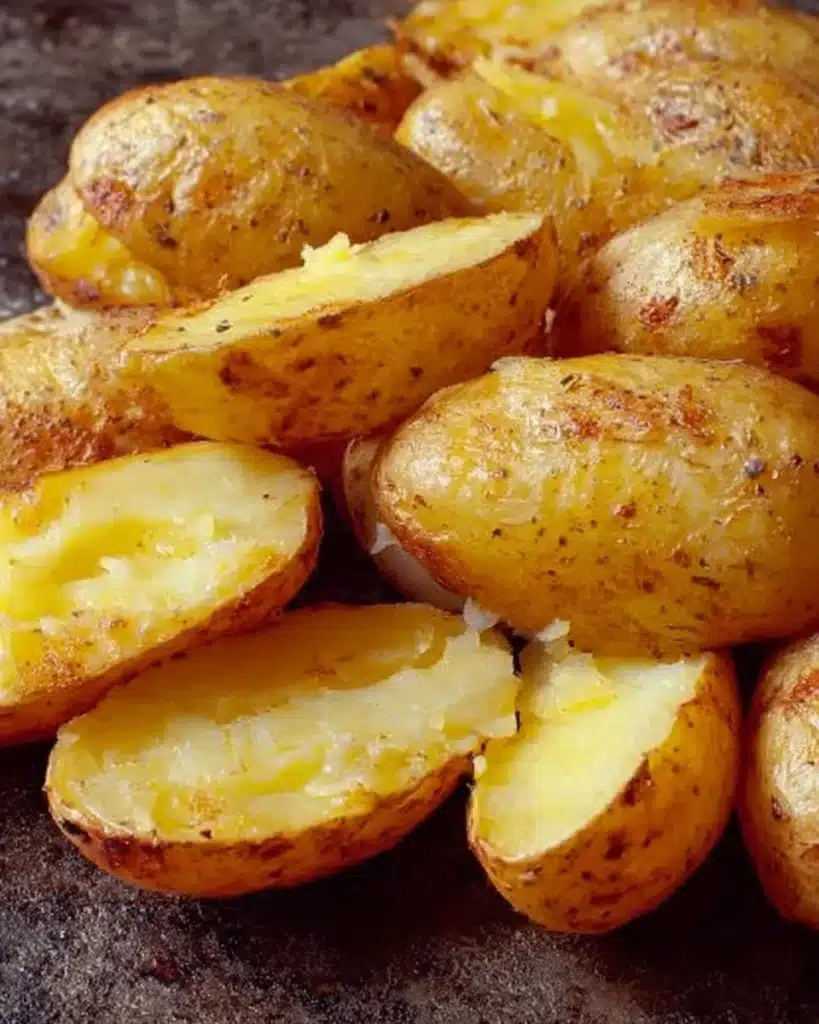 Plate of crispy creamy potatoes garnished with herbs