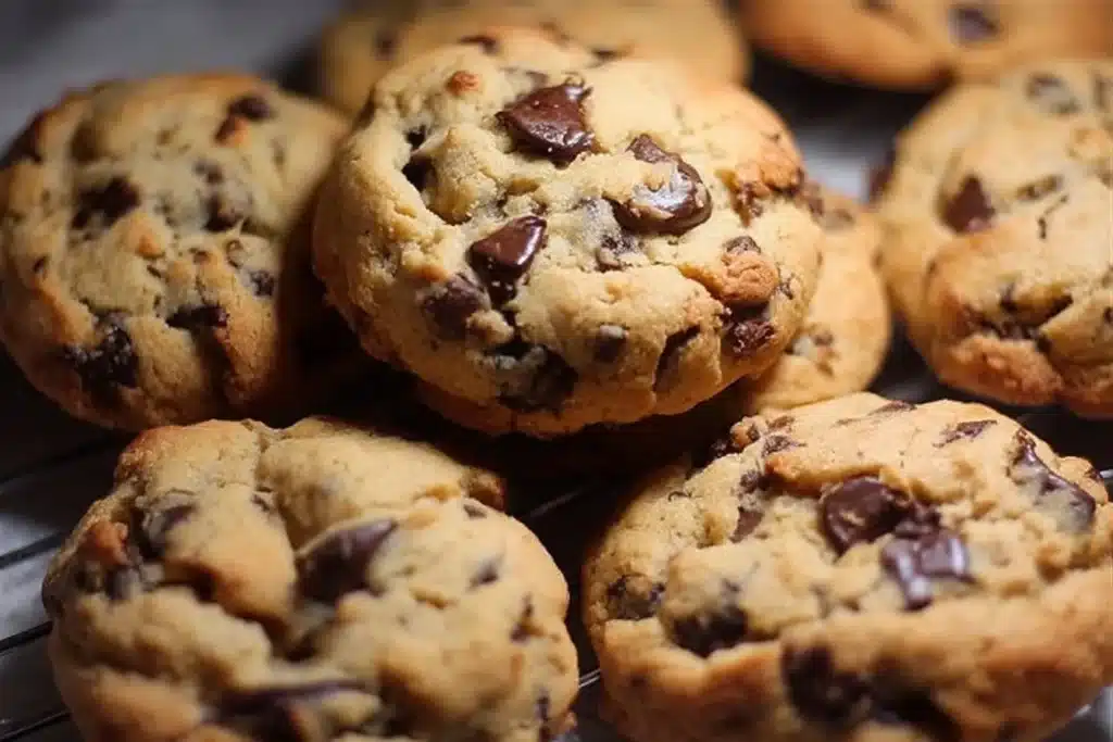 Freshly baked best ever chocolate chip cookies on a cooling rack