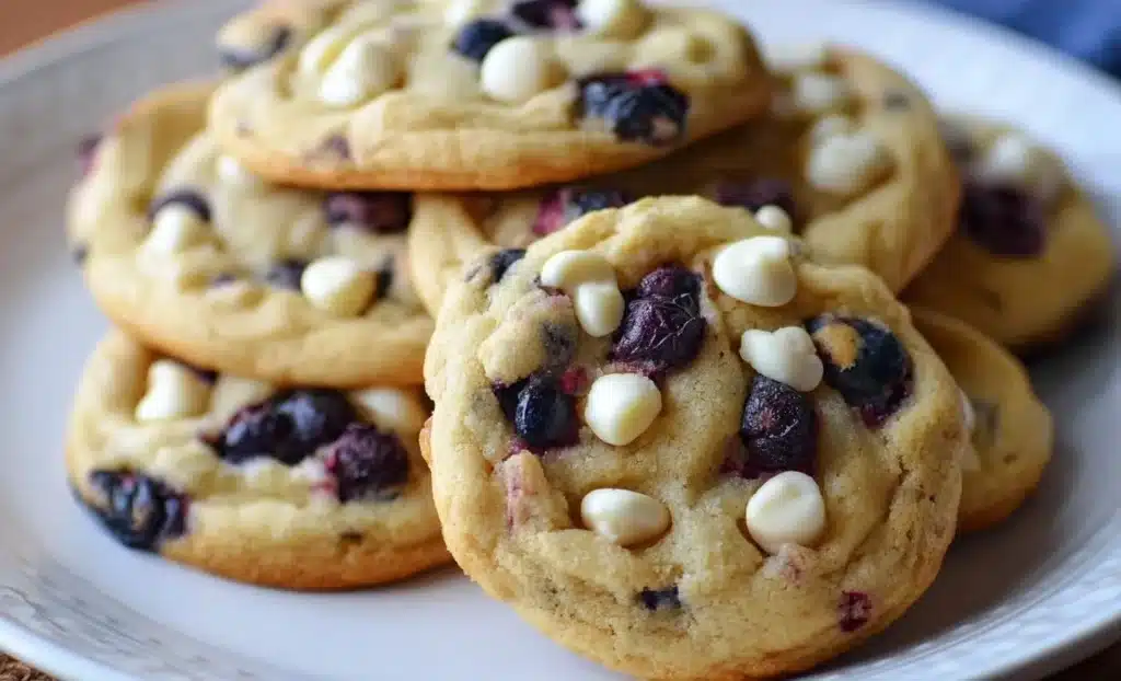 Delicious blueberry white chocolate cookies on a baking tray