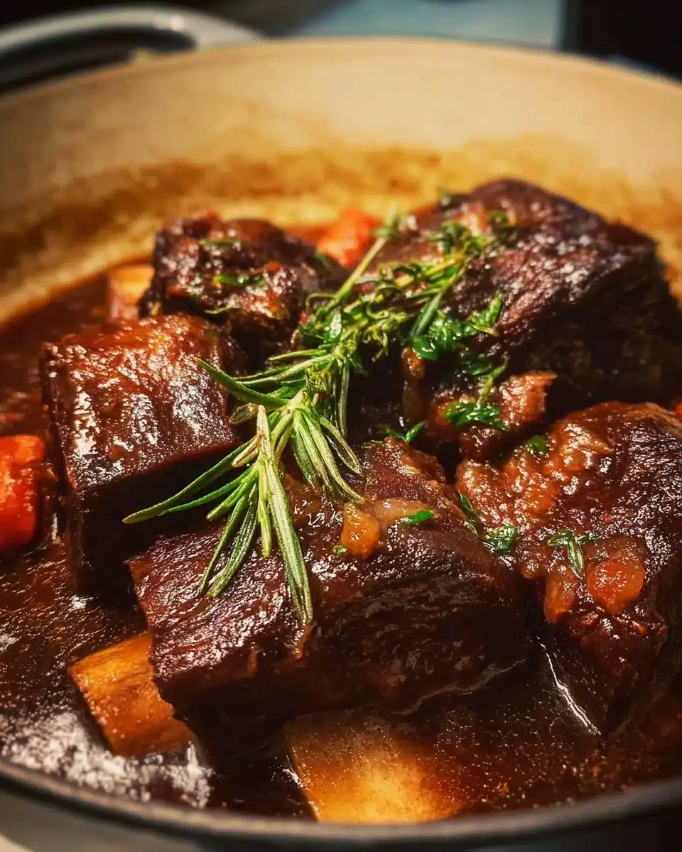 Delicious braised beef short ribs garnished with herbs and served on a plate.