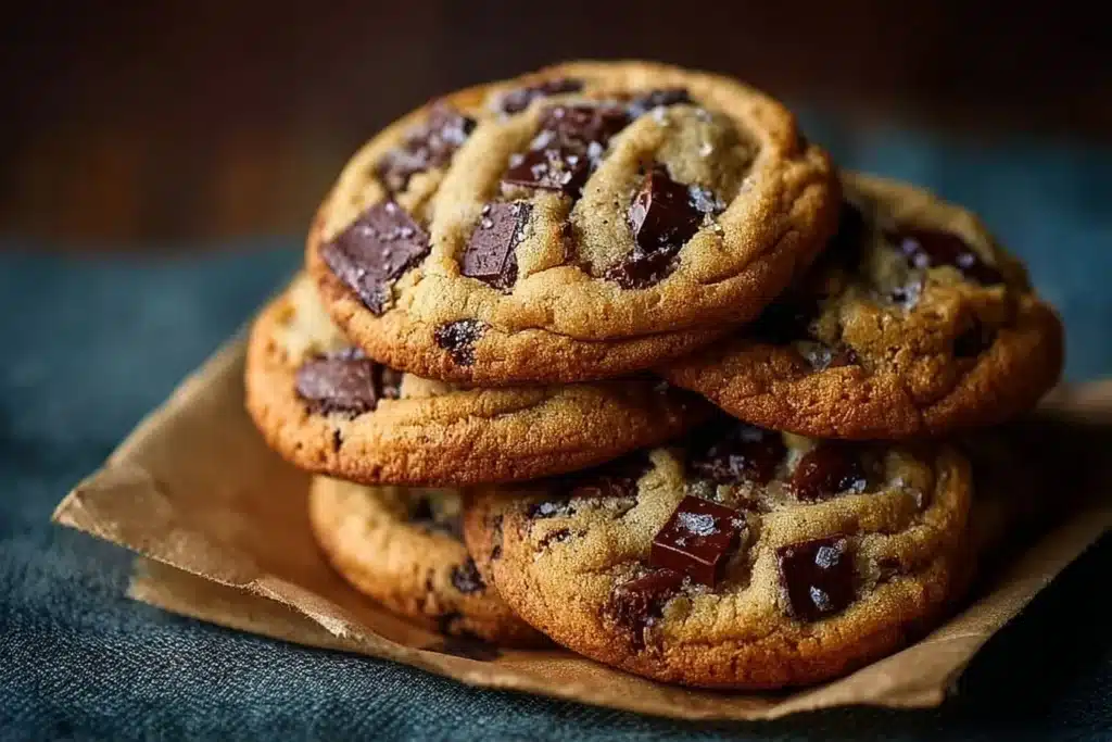 Freshly baked brown butter chocolate chip cookies on a cooling rack.
