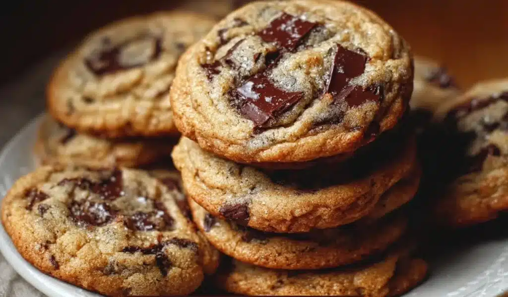 Brown Butter Sourdough Discard Chocolate Chip Cookies on a plate