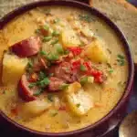 Delicious bowl of Cajun Potato Soup topped with herbs and spices.