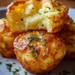 Cheesy mashed potato puffs served on a plate, golden and crispy.