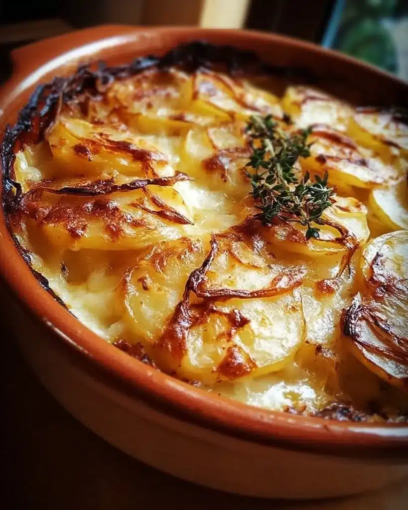 Delicious cheesy potato bake topped with golden cheese and herbs.