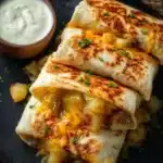 Delicious cheesy potato burritos served on a plate.