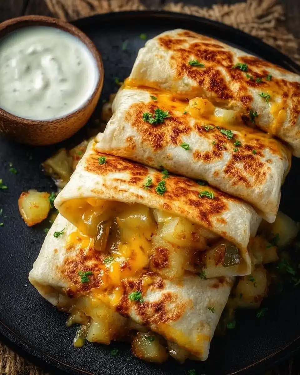 Delicious cheesy potato burritos served on a plate.