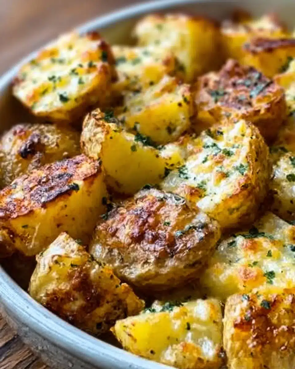 Delicious cheesy ranch oven roasted potatoes served on a plate.
