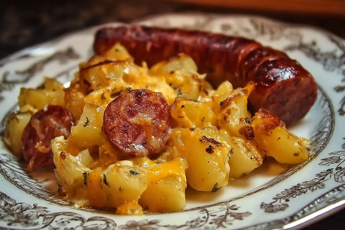 Cheesy ranch potatoes with smoked sausage served in a bowl