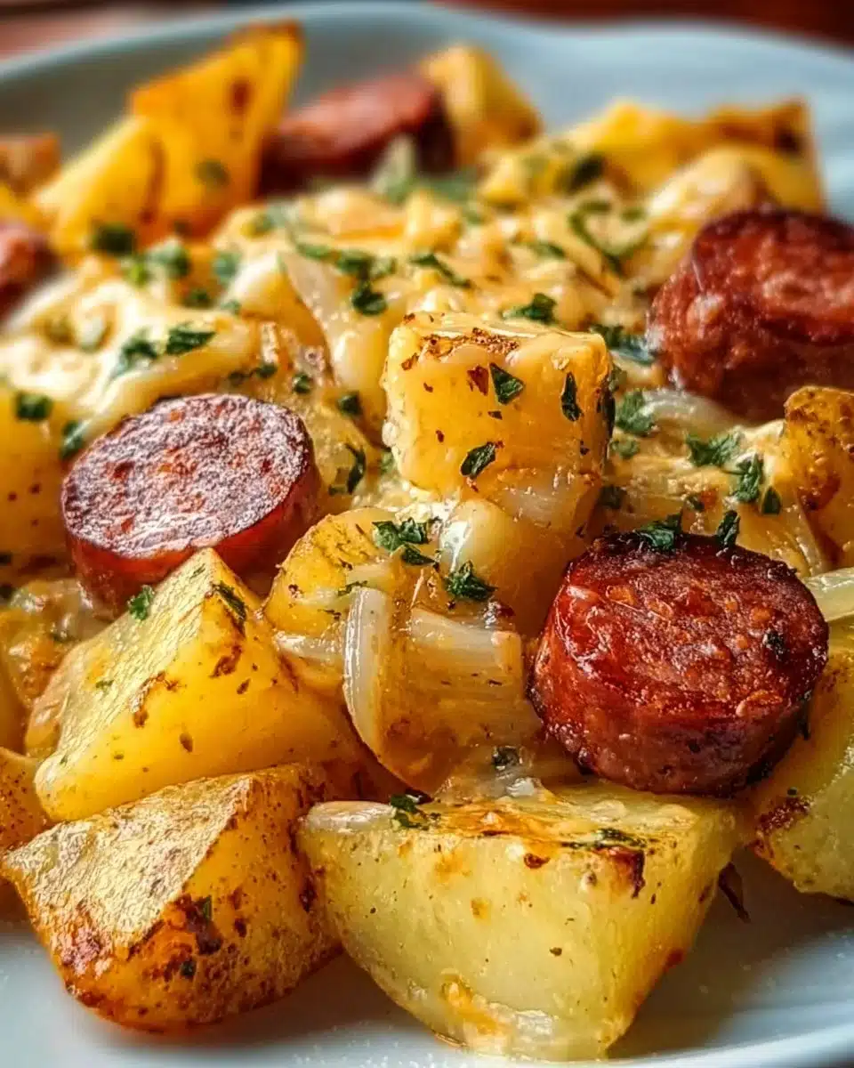 Serving of cheesy ranch potatoes with smoked sausage in a bowl