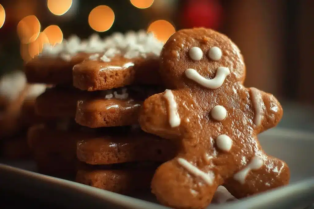 A plate of chewy gingerbread man cookies decorated with icing and candies