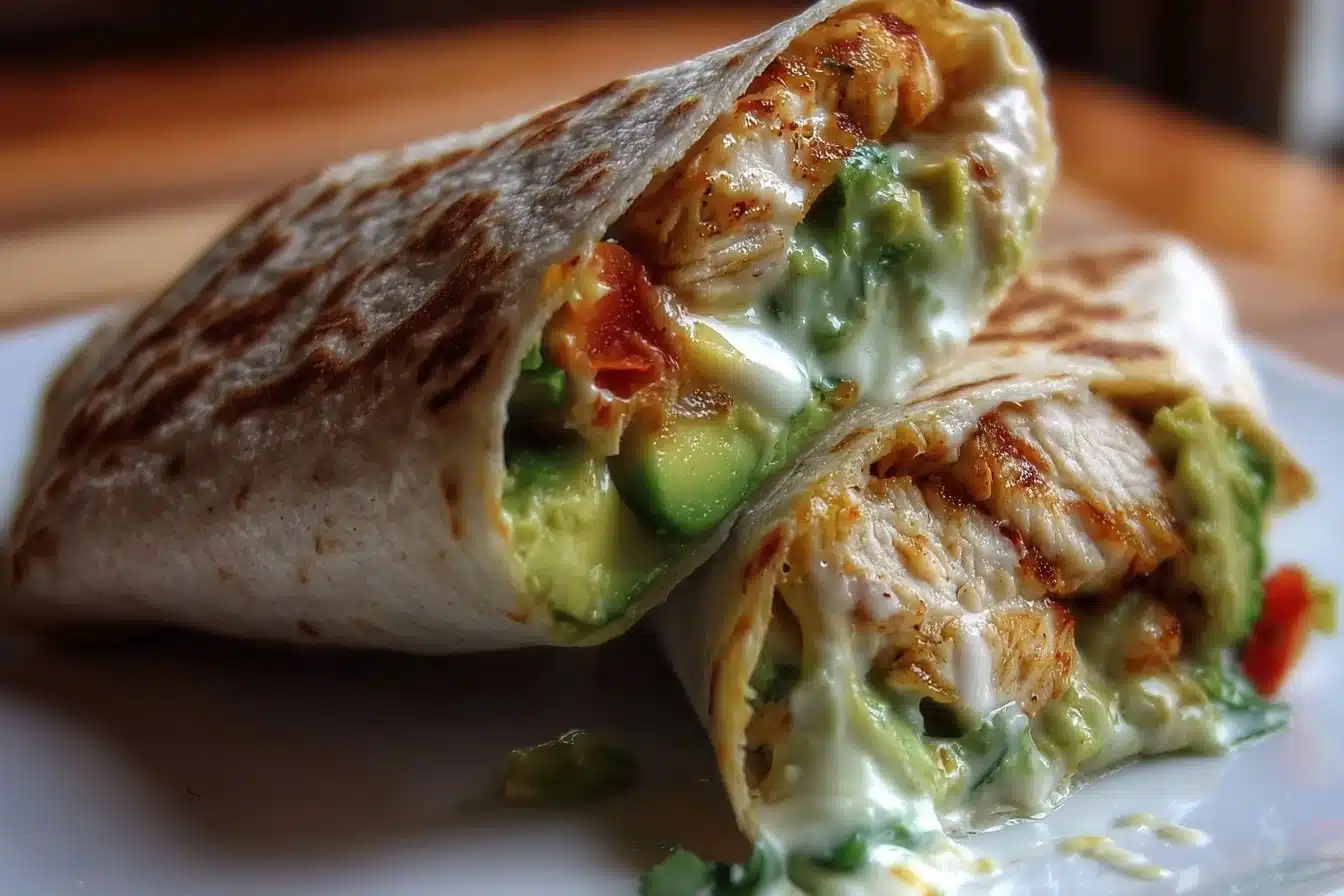 Delicious Chicken Avocado Ranch Burritos wrapped in a tortilla