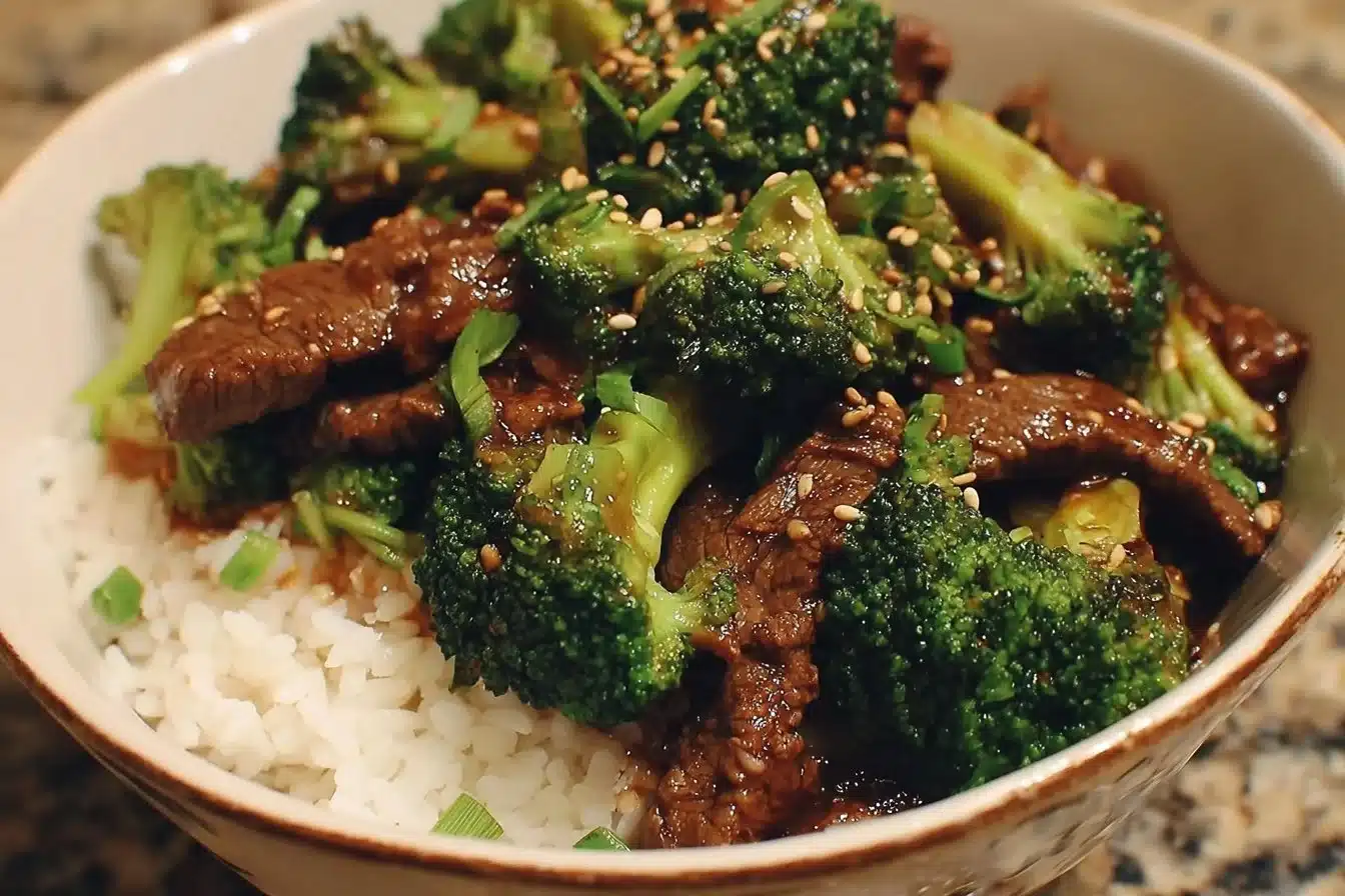 Delicious Chinese beef and broccoli stir-fry served on a plate