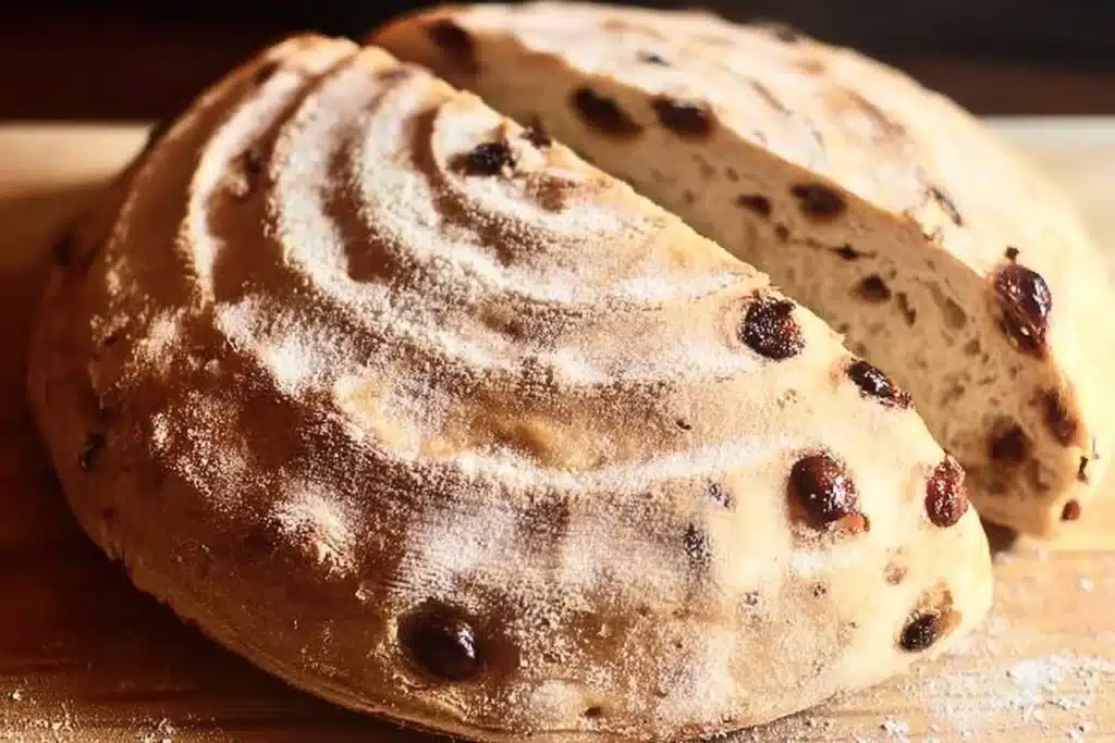 Loaf of chocolate chip sourdough bread with chocolate chunks on a wooden board