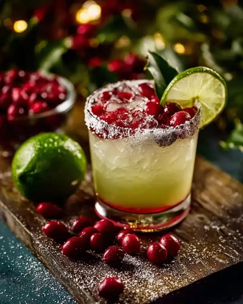 Christmas Mistletoe Margarita cocktail served in a festive glass