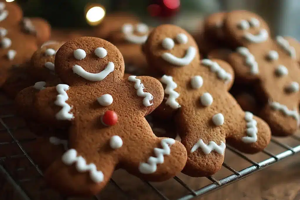 Freshly baked classic gingerbread men cookies on a festive plate.