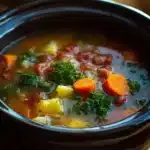 Delicious bowl of cozy Crockpot soup in a rustic bowl