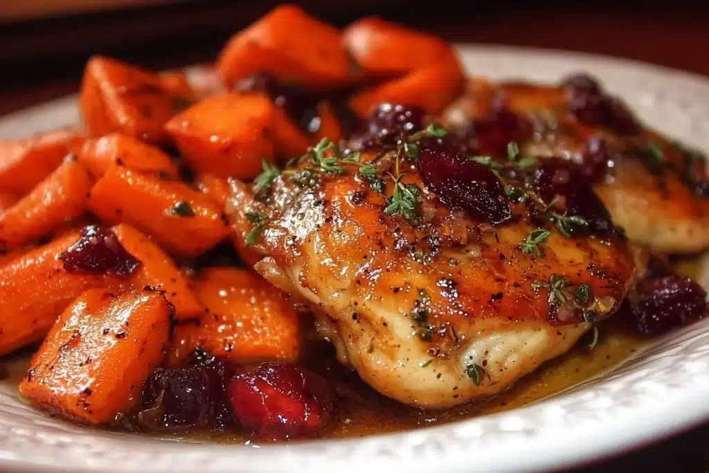 Cranberry glazed chicken served with carrots and sweet potatoes on a white plate