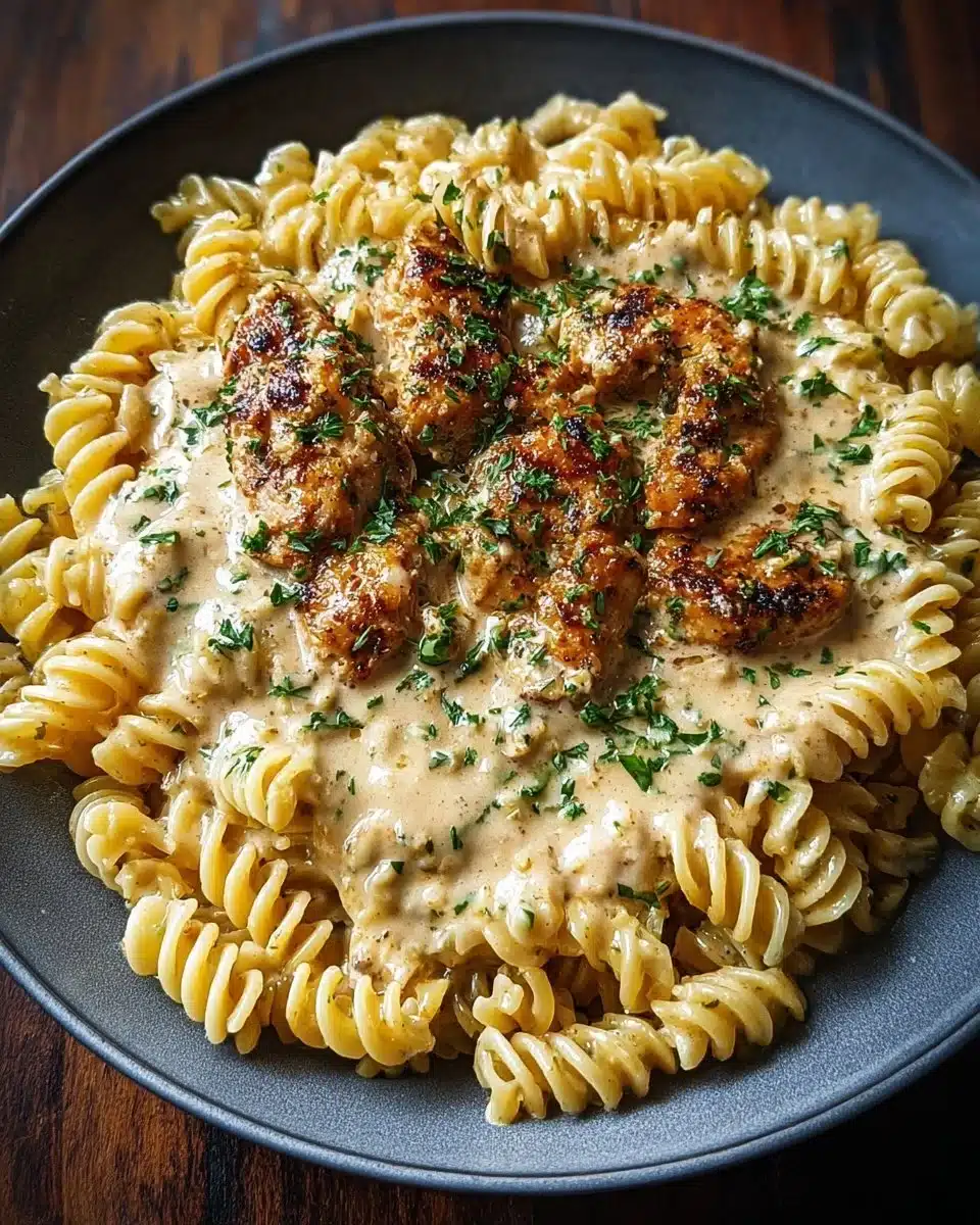 Creamy garlic butter chicken served with rotini in Parmesan sauce