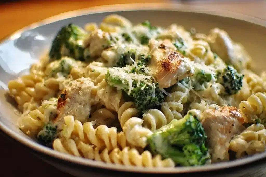 Creamy rotisserie chicken pasta with broccoli served in a bowl