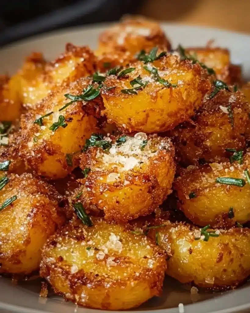 Crispy garlic butter potatoes served in a bowl garnished with herbs