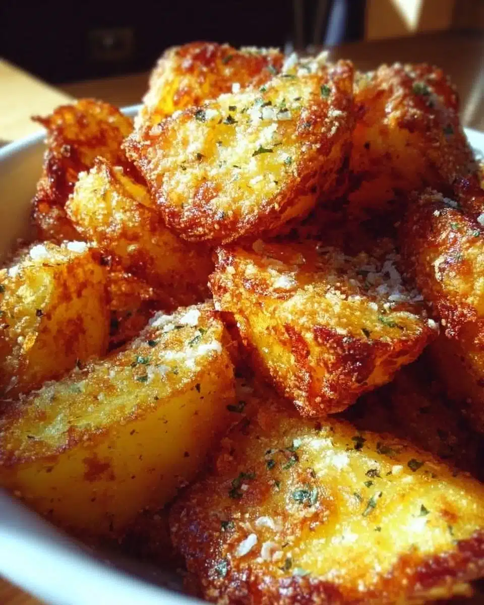 Crispy Parmesan Potatoes baked to perfection, garnished with fresh herbs.