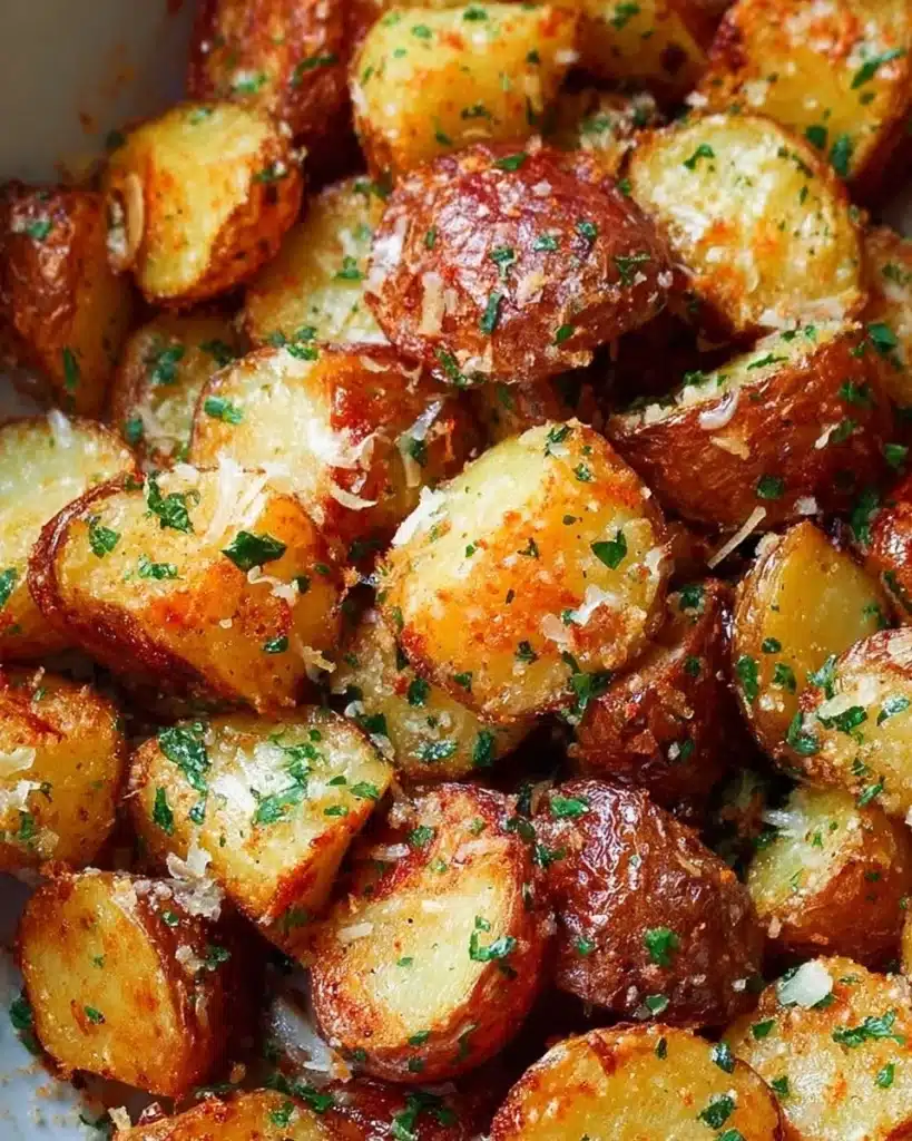 Plate of crispy Parmesan roasted potatoes seasoned and golden brown
