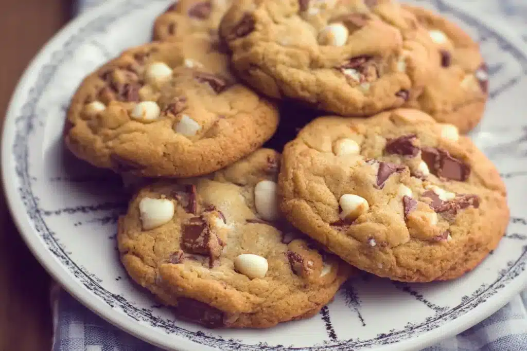 Freshly baked decadent chocolate chip cookies on a wooden table.