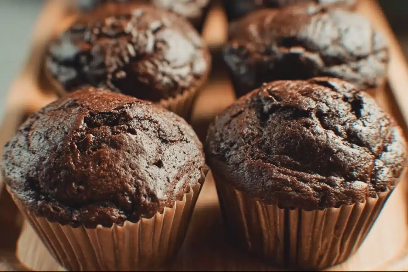 Double chocolate sourdough muffins topped with chocolate chips and fresh cranberries
