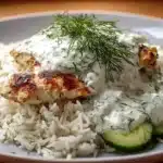 Dump-and-Bake Chicken Tzatziki served with rice in a bowl