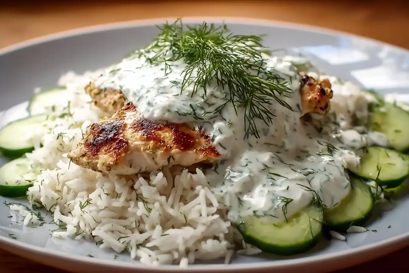 Dump-and-Bake Chicken Tzatziki served with rice in a bowl