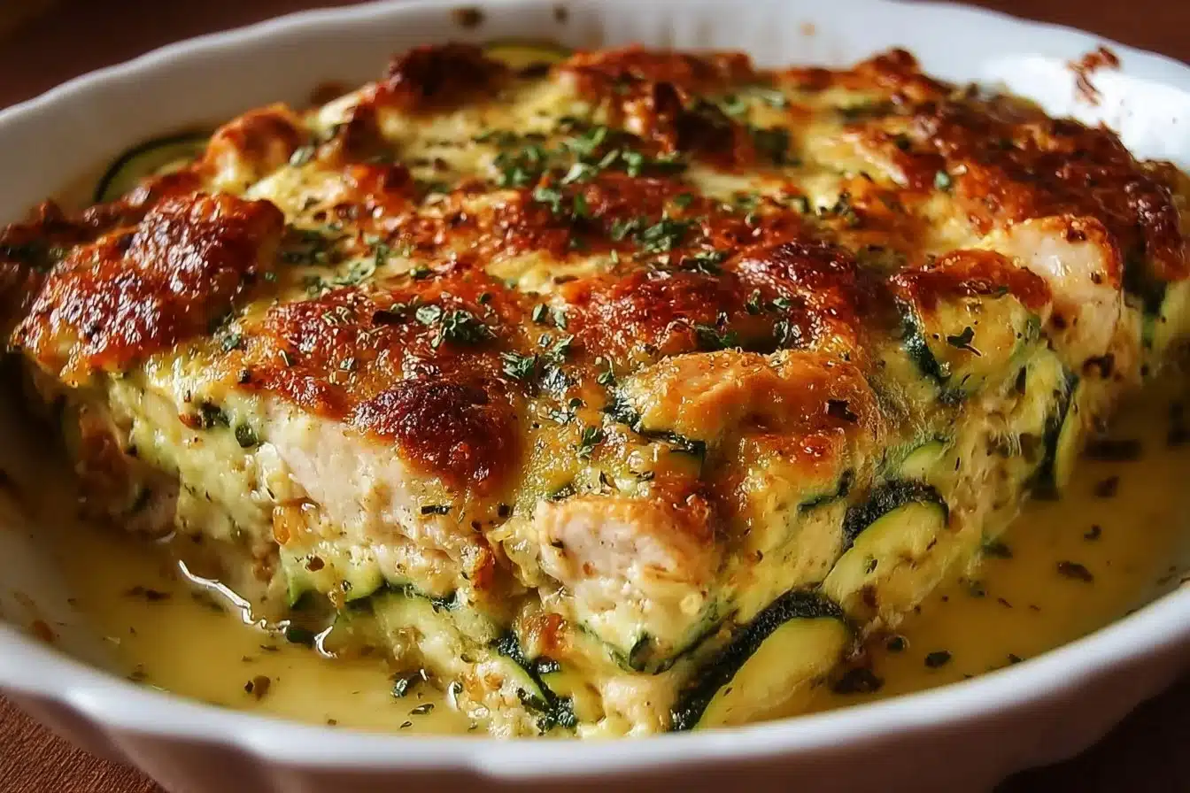 Easy chicken zucchini bake dish with melted cheese and fresh herbs