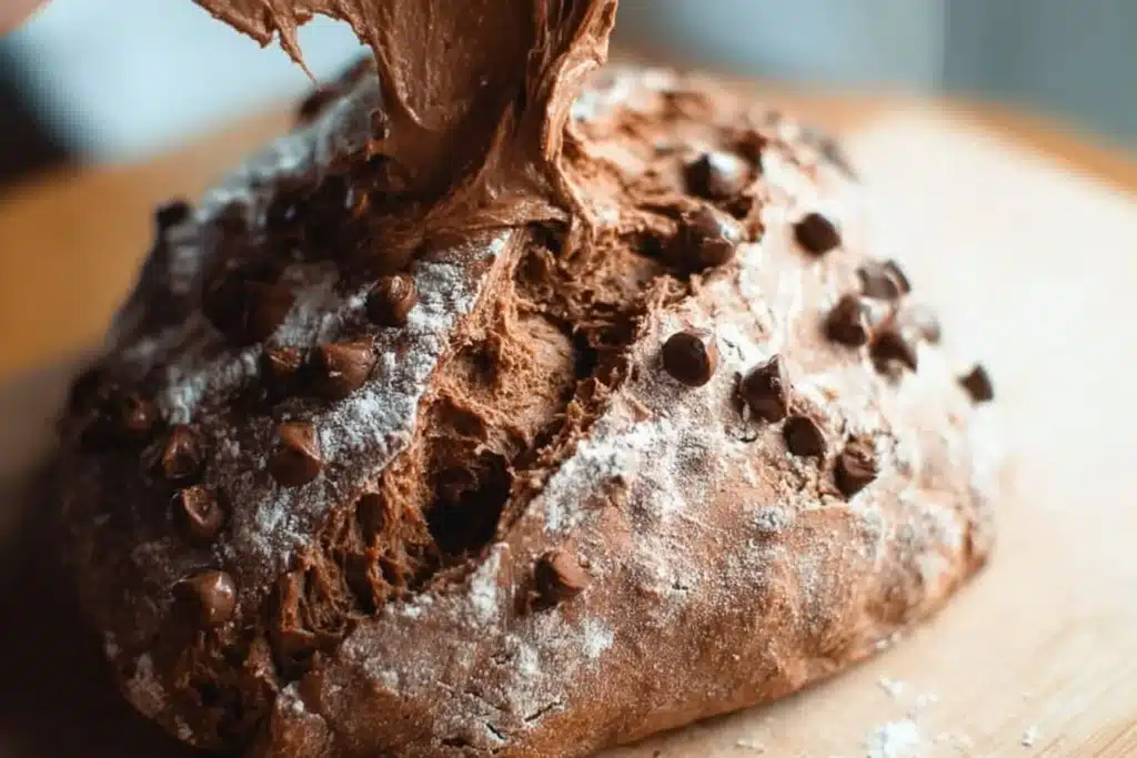 Delicious easy chocolate sourdough bread fresh out of the oven