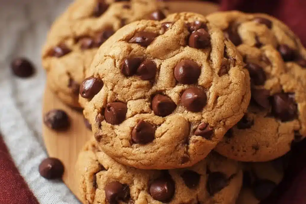 Baked easy peanut butter chocolate chip cookies on a baking sheet