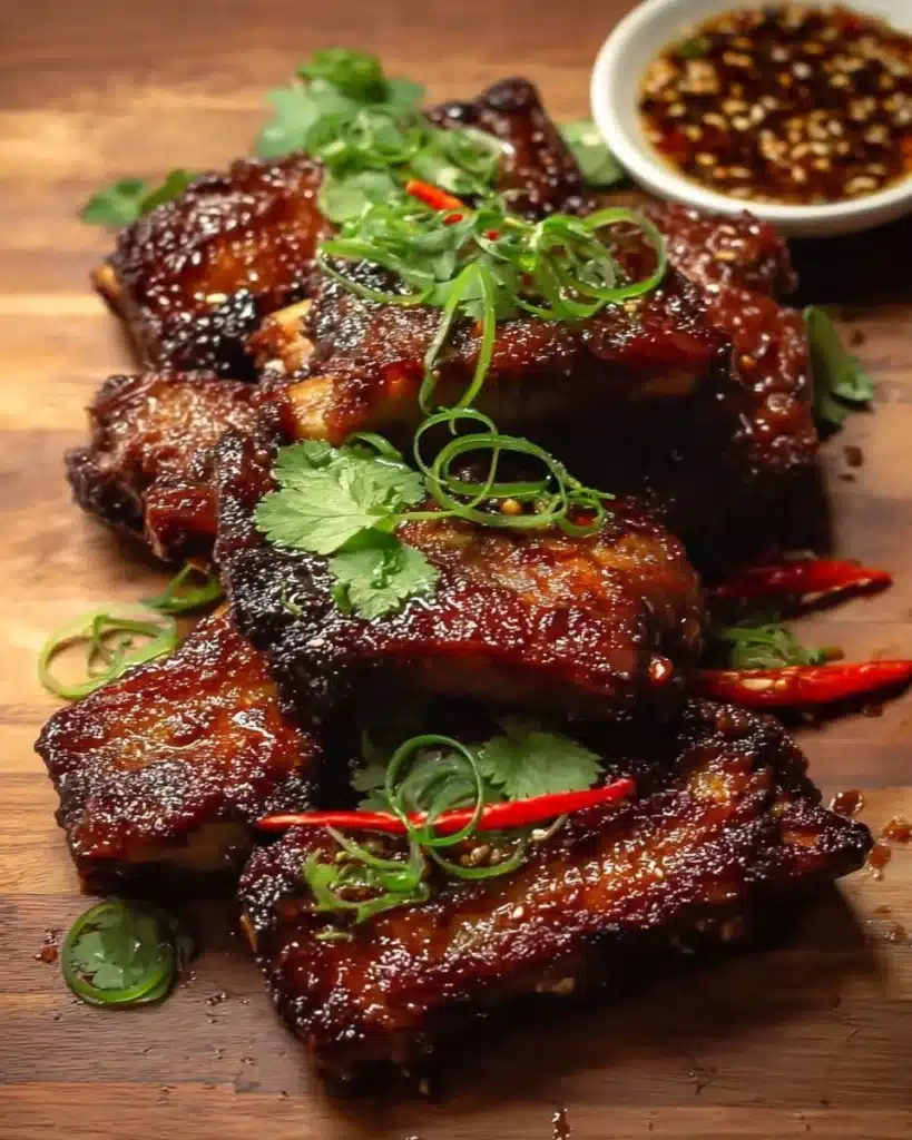 Delicious Easy Sticky Asian Pork Ribs served with a side of vegetables.
