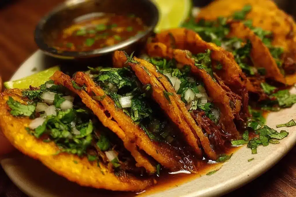 Delicious Birria Tacos served with flavorful consomme for dipping