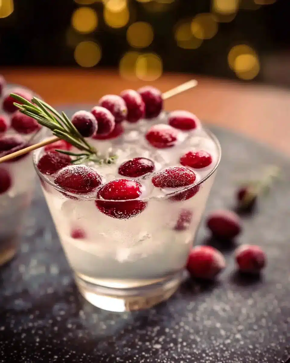 Festive White Cranberry Vodka Christmas cocktail in a holiday-themed glass