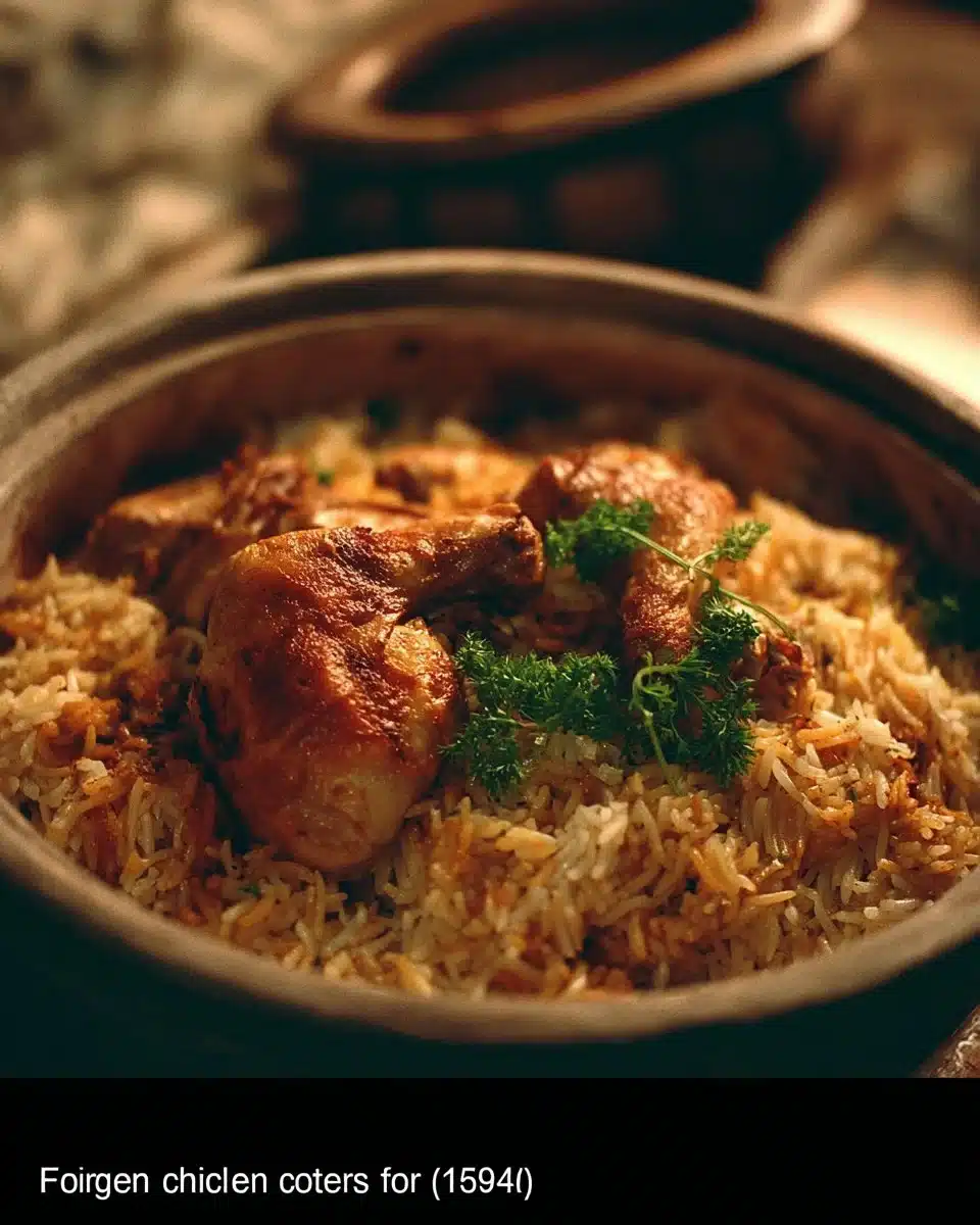 A delicious plate of forgotten chicken and rice garnished with herbs.