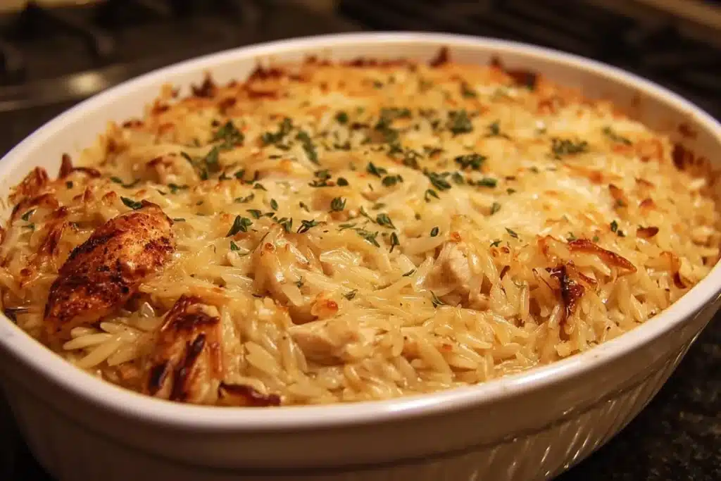 French onion chicken orzo casserole topped with melted cheese