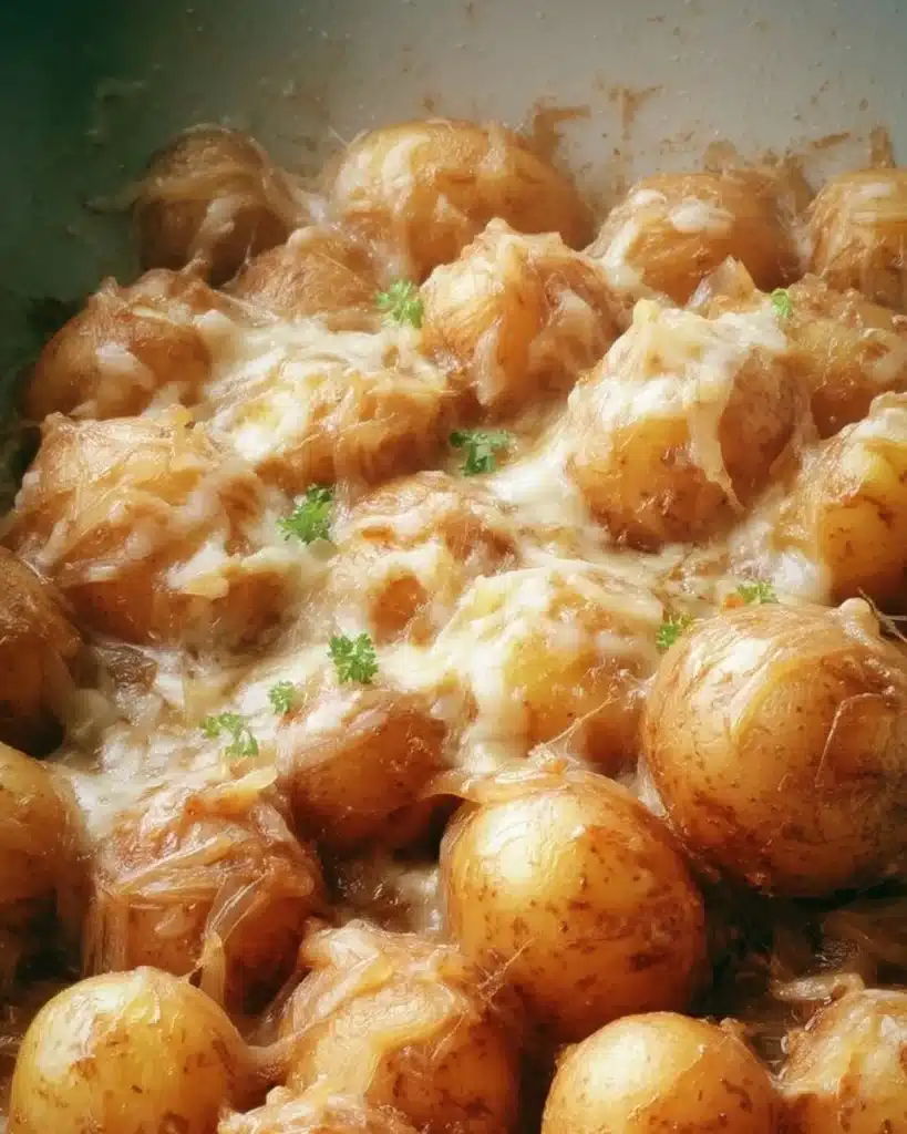 Baked French Onion Potatoes topped with cheese and caramelized onions