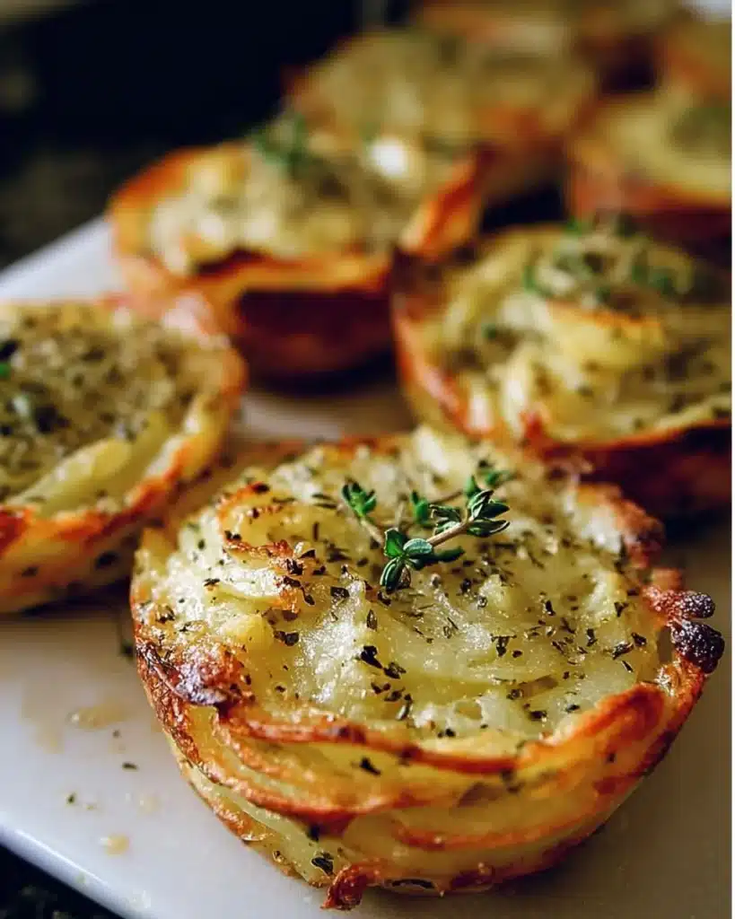 Garlic herb muffin pan potato galettes served on a plate