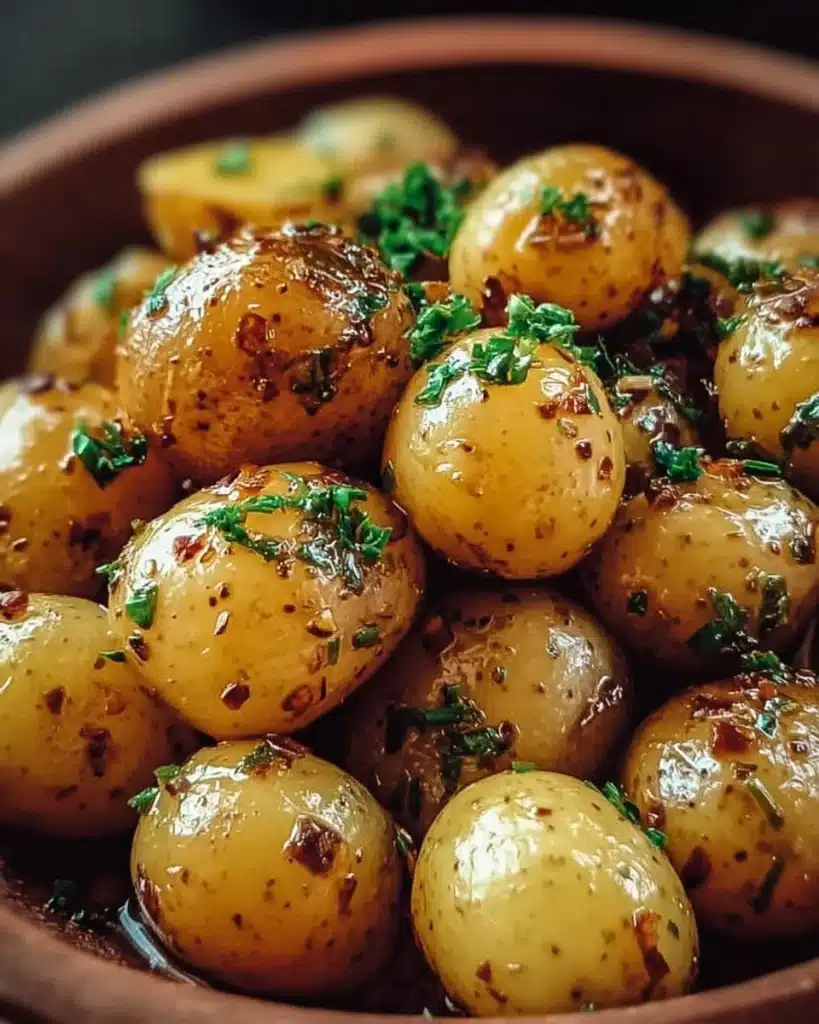 Roasted baby potatoes with garlic sauce served in a bowl