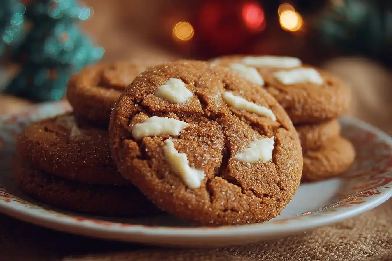 Plate of gingerbread cheesecake cookies decorated with icing and spices.