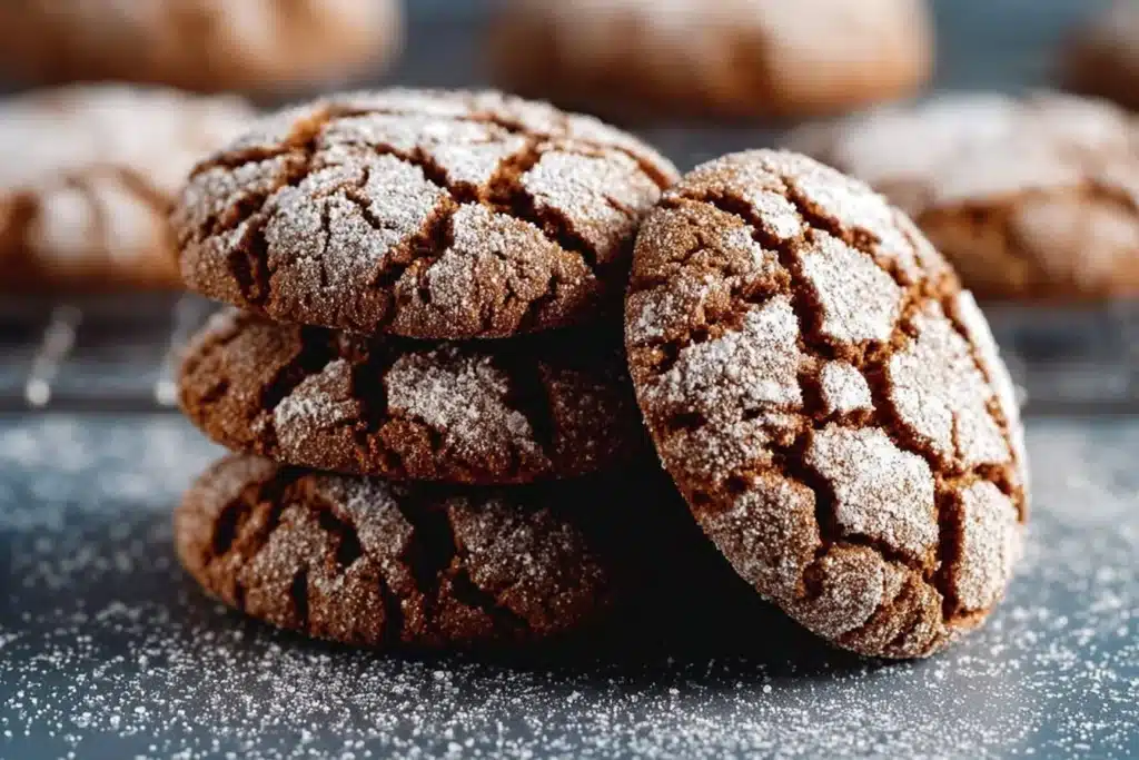 Freshly baked gingerbread crinkle cookies dusted with powdered sugar