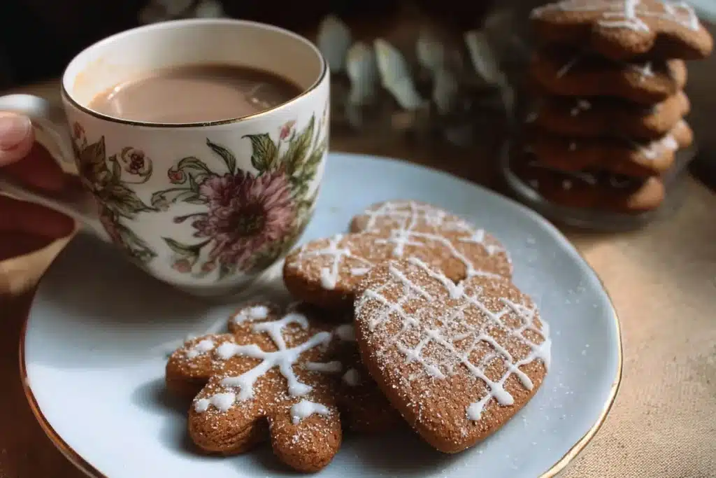 Freshly baked Gingerbread Latte Cookies on a festive plate.