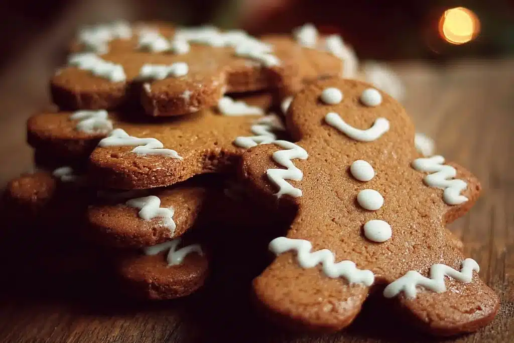 Freshly baked Gingerbread Man cookies in festive decoration.